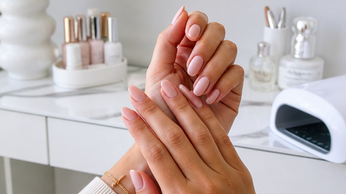 Mãos elegantes com unhas em gel bem feitas, em um ambiente iluminado, com mesa de manicure ao fundo mostrando produtos de beleza e ferramentas.
