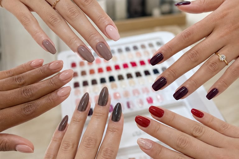 Mãos com diferentes formatos de unhas em gel em um salão de beleza, exibindo várias opções de modelos e cores.