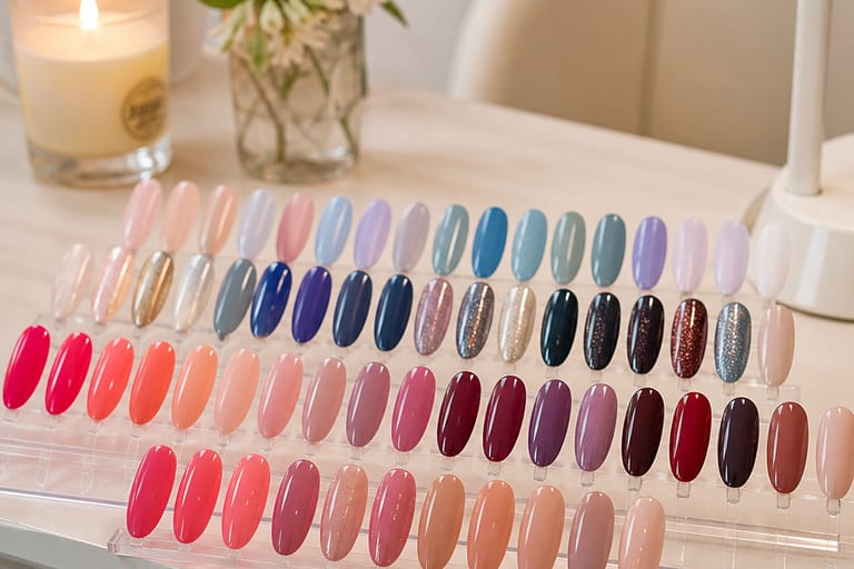 Unhas em gel de diferentes cores e acabamentos expostas em uma mesa de manicure, com luz suave e ambiente acolhedor.