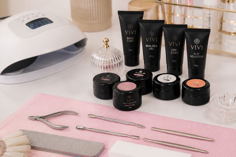 Materiais para fazer unhas em gel dispostos em uma mesa de manicure, incluindo produtos e ferramentas necessárias para a aplicação.