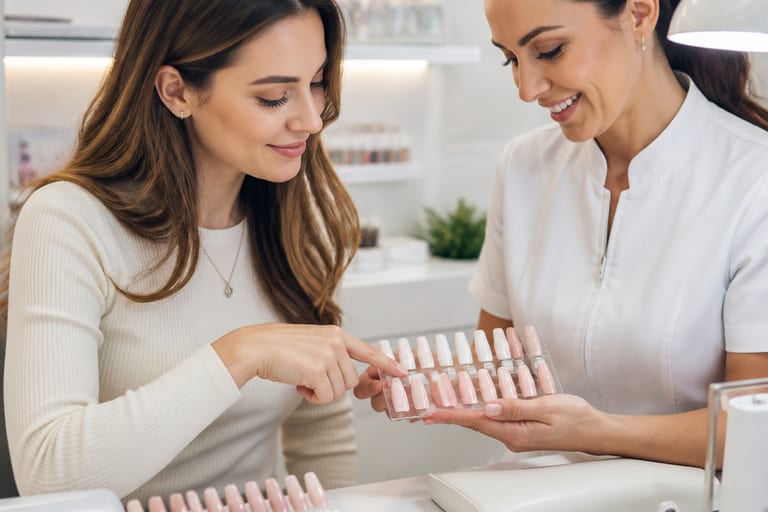 Mulher em salão de beleza escolhendo modelo de unhas french quadradas com manicure ao lado, em ambiente bem iluminado.