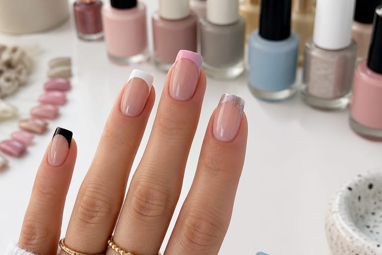 Unhas french quadradas em diferentes cores e acabamentos, expostas em uma mesa de manicure com esmaltes variados ao fundo, em um ambiente iluminado.