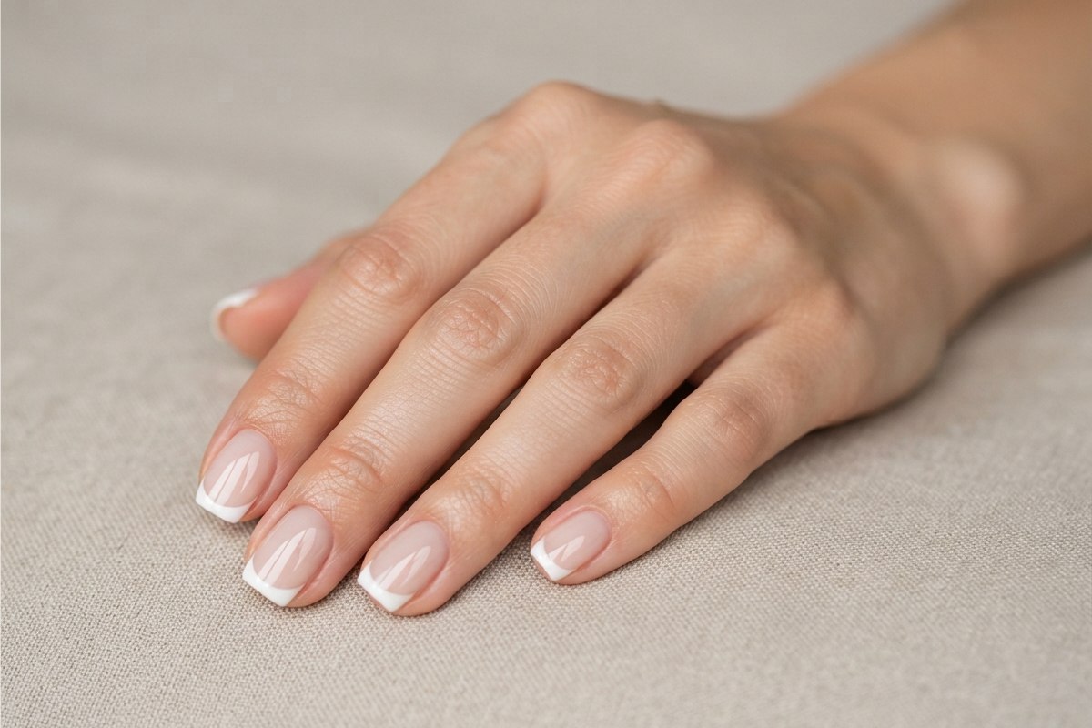 Mão feminina com francesinha clássica de pontas brancas finas em unhas quadradas