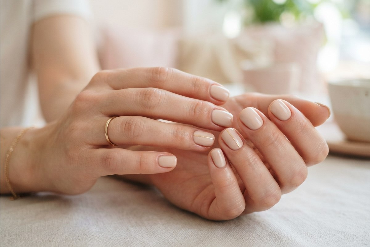Mãos com unhas bege e uma unha de destaque com linha dourada fina em fundo pastel