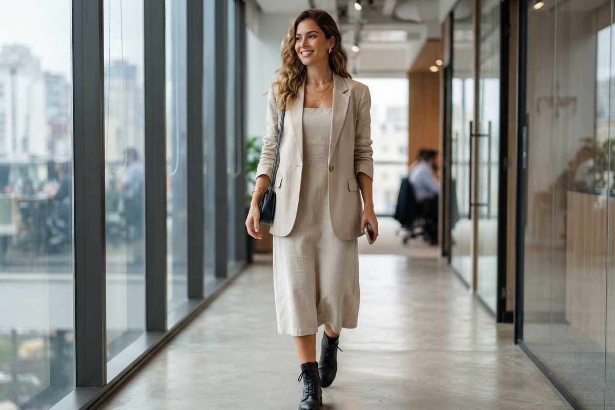 Vestido midi neutro com coturno cano longo para o trabalho