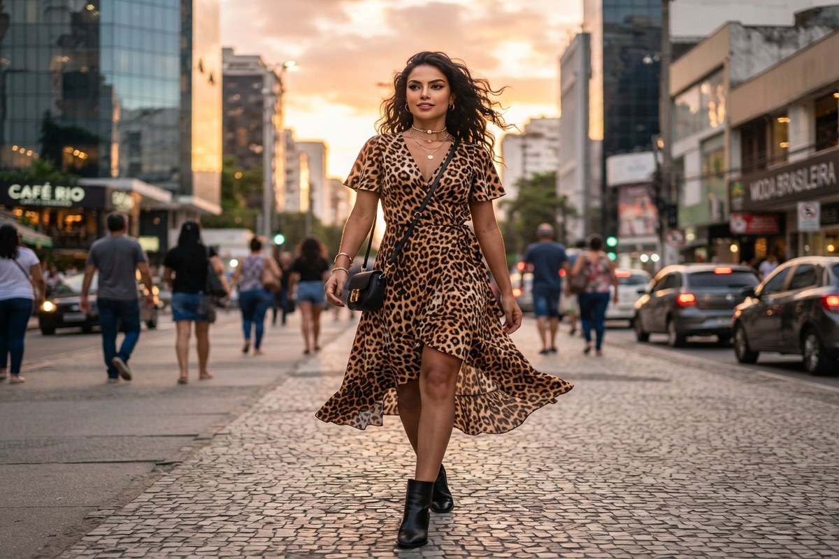 Mulher com vestido de oncinha em pose confiante ao entardecer