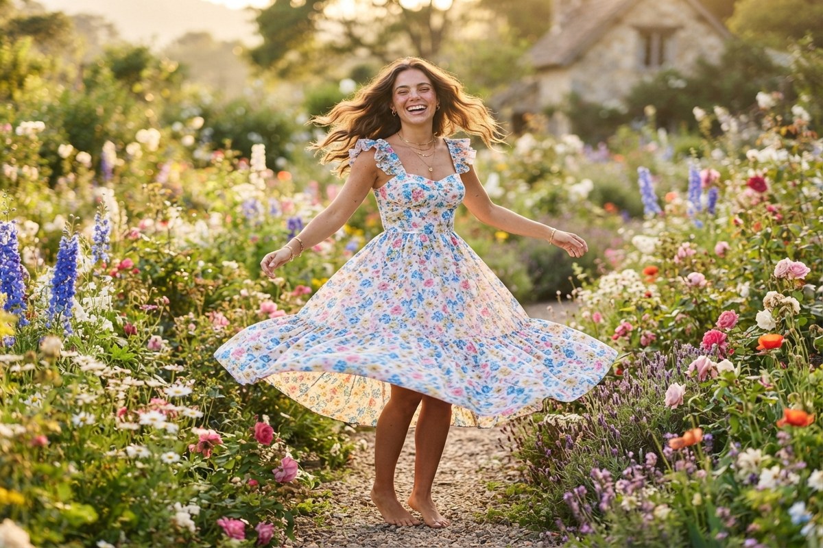Mulher com vestido floral rodado em jardim florido