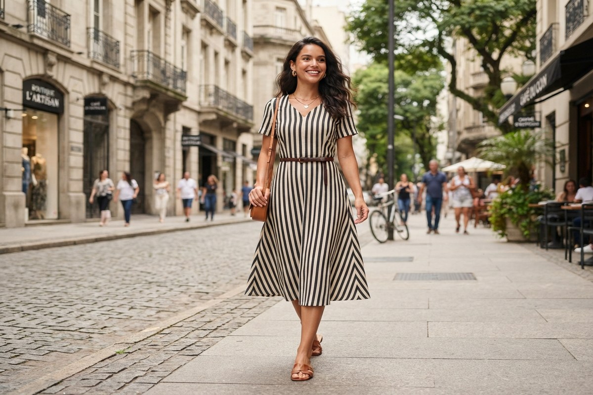 Mulher com vestido listrado midi e cinto definindo a cintura