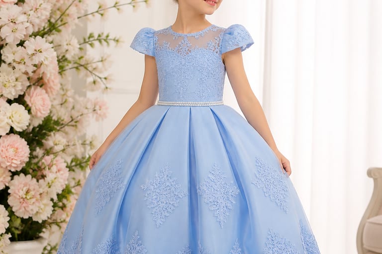Vestido infantil de festa azul com detalhes em renda, exposto em ambiente claro e arejado, com flores ao fundo.