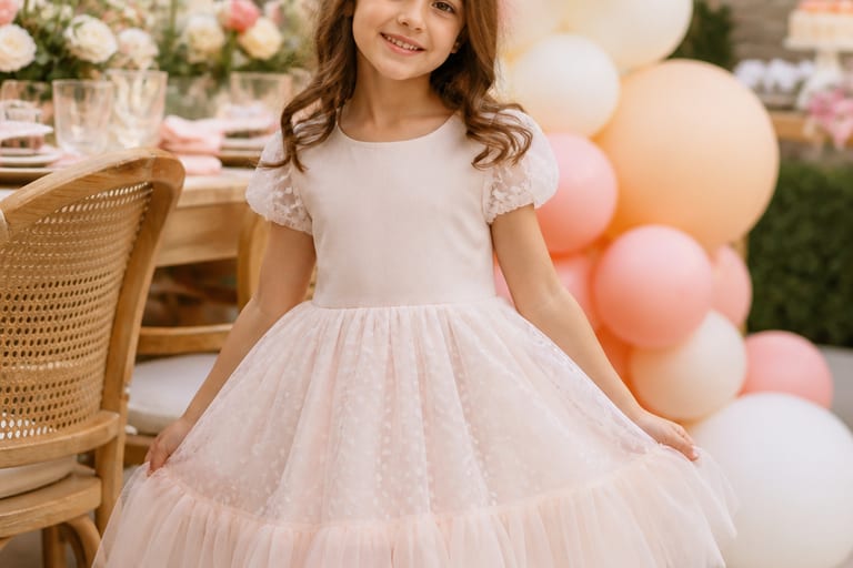 Vestido infantil de festa em algodão com detalhes em tule, em ambiente decorado com balões e mesas, composição horizontal.