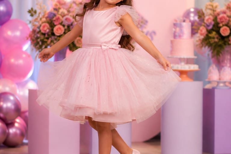 Menina sorridente usando tiara e sapatilhas em uma festa, com decoração colorida ao fundo.