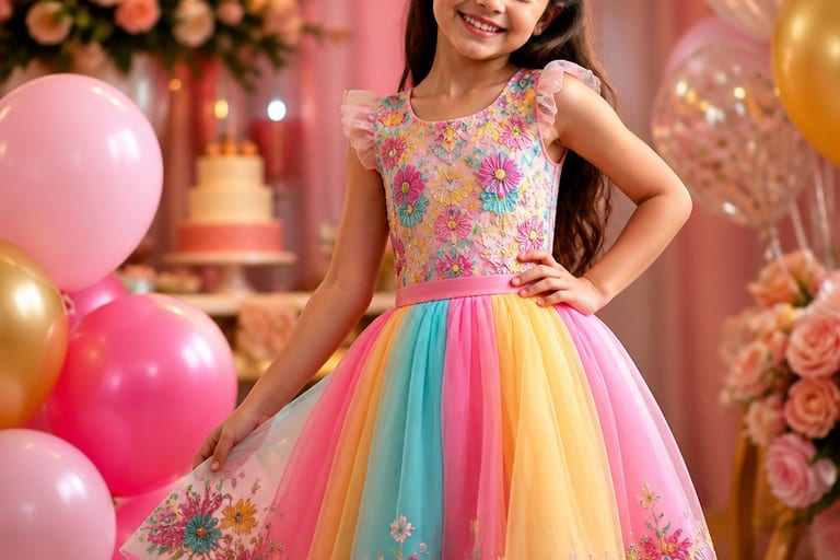 Menina sorridente usando um vestido infantil colorido em um aniversário, cercada por balões e decoração festiva.