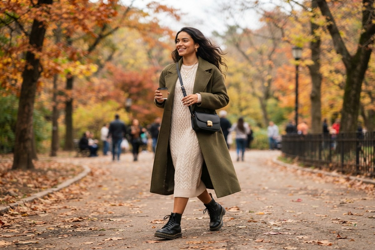 Vestido longo de tricô com ankle boot e casaco para o inverno