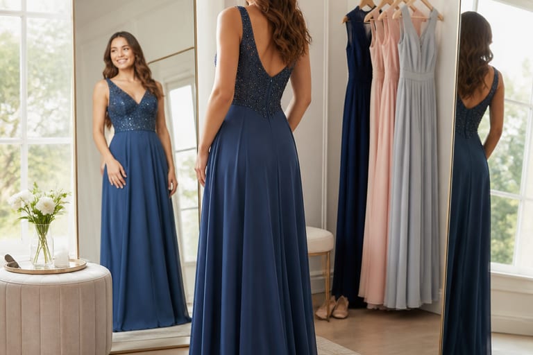Mulher experimentando vestidos longos em um provador com espelhos ao fundo e luz natural.
