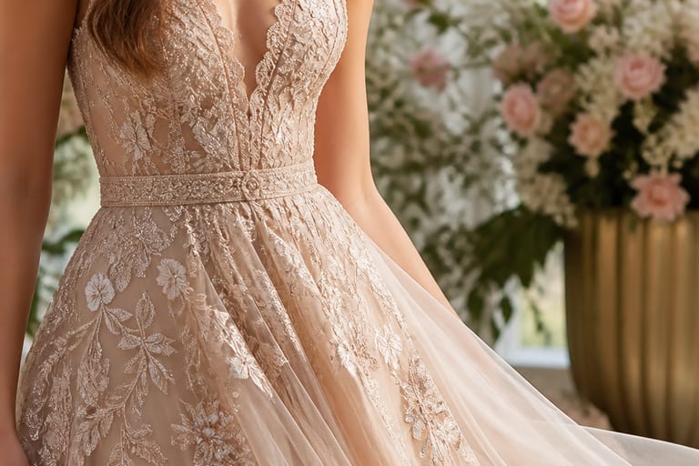 Close em um vestido longo com detalhes em renda e bordados, em ambiente iluminado com flores ao fundo.