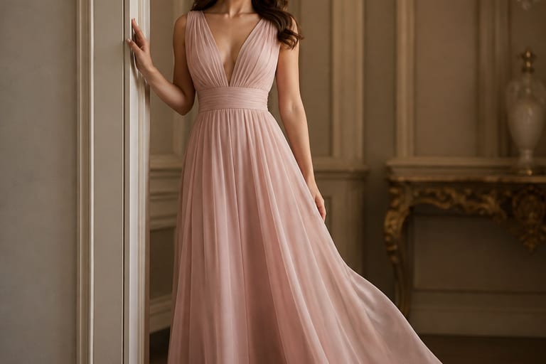 Mulher elegante usando um vestido longo de chiffon em um ambiente sofisticado com luz suave e decoração clássica.