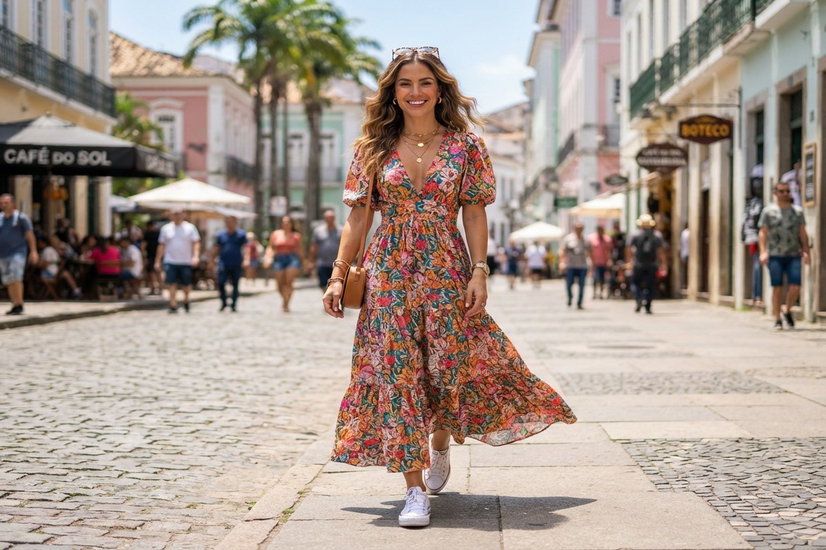 Vestido longo estampado com tênis branco para um look casual