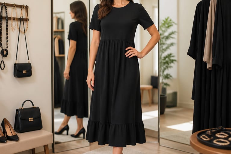 Mulher experimentando vestidos pretos em um provador, com espelhos ao fundo e acessórios expostos ao redor.