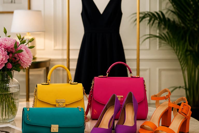 Acessórios coloridos, incluindo bolsas e sapatos, dispostos em uma mesa, com um vestido preto ao fundo em um ambiente bem iluminado e decorado.