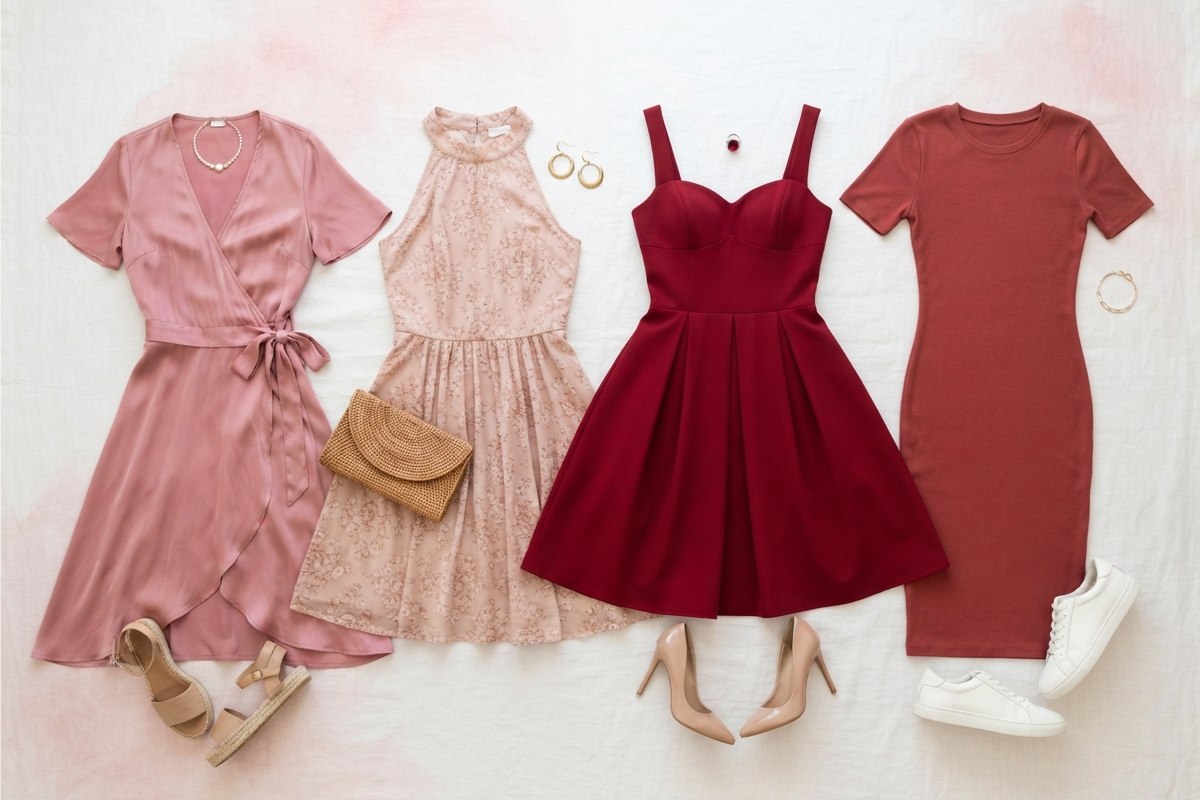 Flat-lay de vestidos em cortes envelope, evasê, princesa e tubo sobre fundo rosa