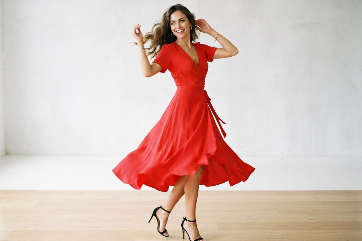 Mulher com vestido envelope vermelho com decote em V