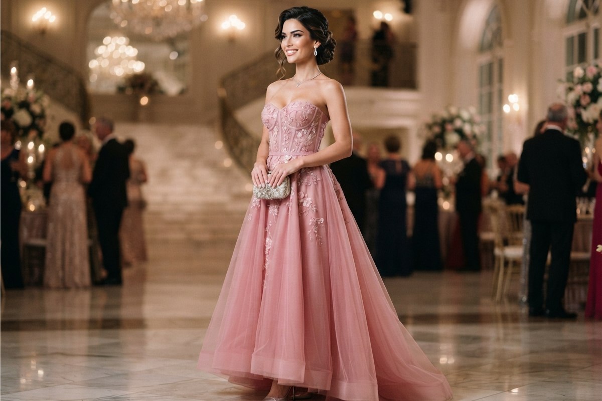Mulher com vestido princesa rosa acinturado com saia rodada